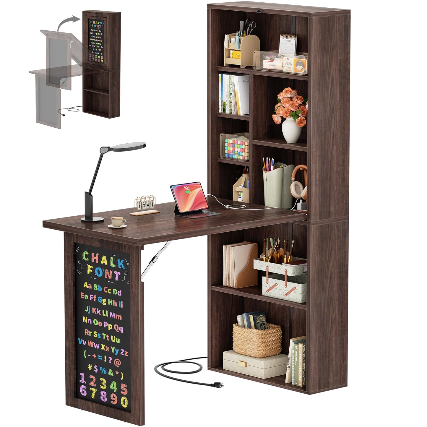 Armocity Small Folding Desk with Outlets, Convertible Writing Desk for Small Spaces/Home Office/Craft Room, Multi-Function Desk Workstation with Blackboard, Fold-Out Cabinet Table, Black Walnut