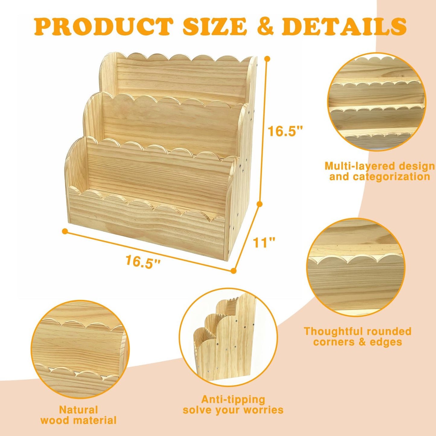 Livemy Scalloped Book Shelf for Kids, 3-Tier Wooden Bookshelf for Toddler, Durable Bookcase Book Organizer Display Furniture for Kids Rooms, Playroom, Nursery, Classroom (Natural, 16.5 * 16.5 * 11in)