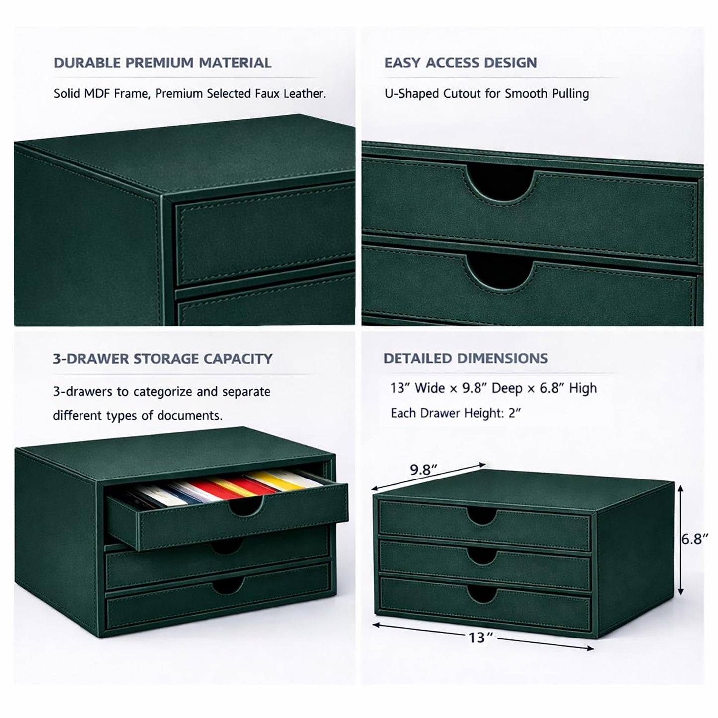 UnionBasic Document Organizer, 3-Drawer File Cabinet Document Storage Box, Office Desktop Filing Organizer, Dark Green