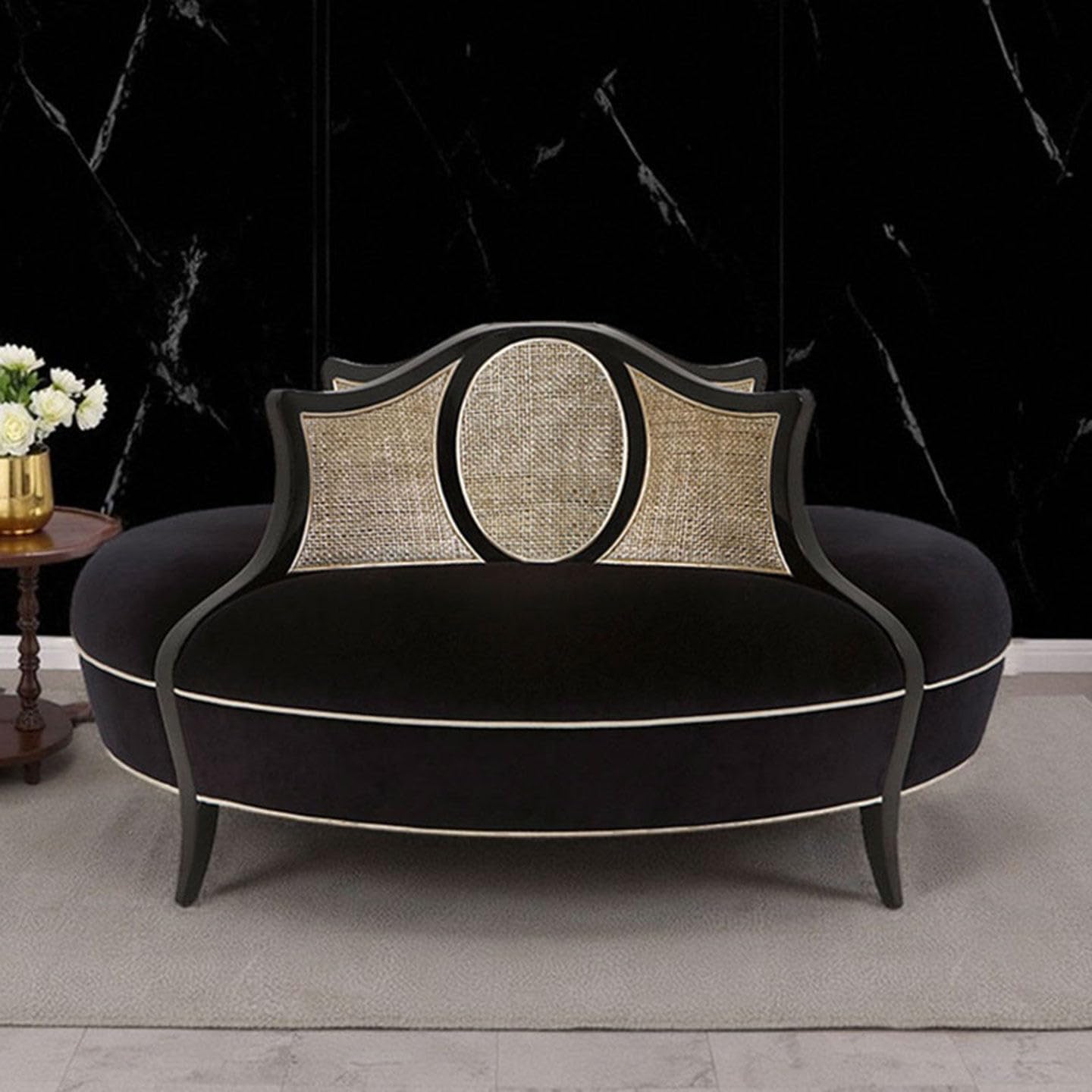 EDLME Luxury Round Velvet Sofa with Handwoven Rattan Backrest, Vintage French American Style Curved Conversation Couch for Living Room, Hotel Lobby, Lounge and Reception Area