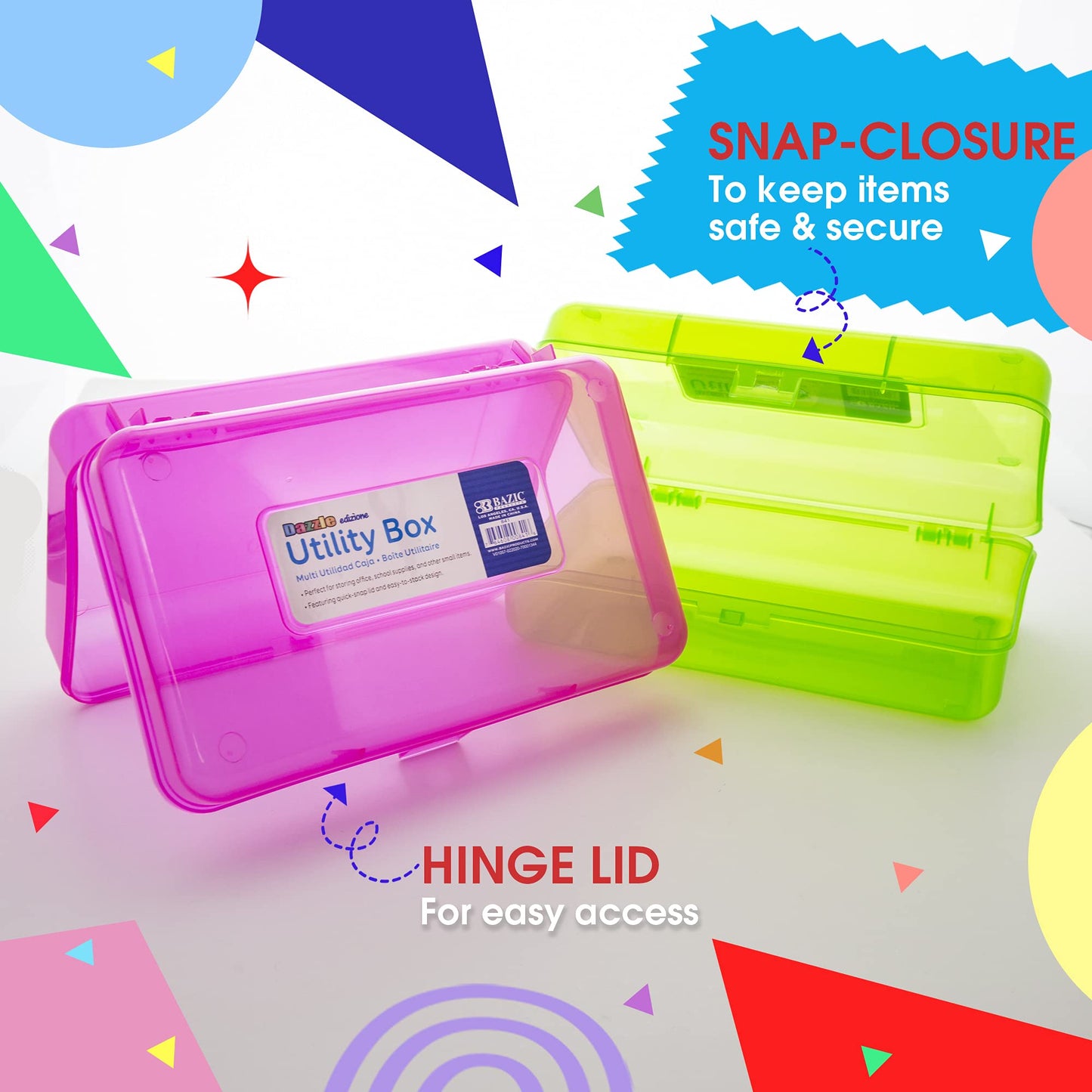 BAZIC PRODUCTS Bright Color Utility Box, 8 x 5 1/4 x 2 3/8 in, for School Office Supplies, Set of 4