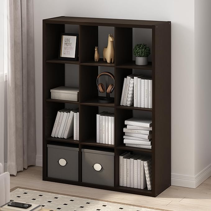 Furinno Simple Cube Storage Organizer, 12-Cube Display Shelf, Open Back