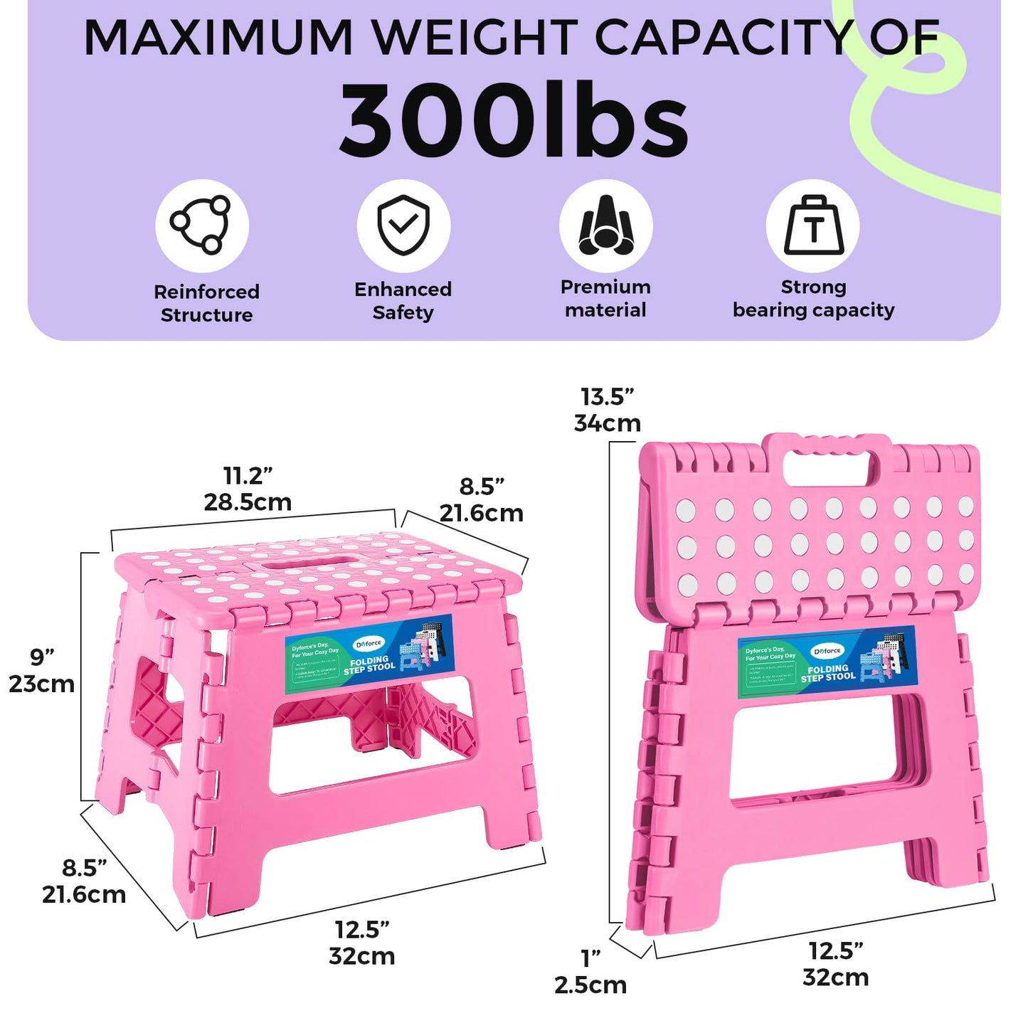 Dyforce Folding Step Stool 9 Inch, Kids Step Stool, Heavy Duty Step Stools for Adults, Compact Foot Stools, Light-Weight Toddler Step Stools for Kitchen, Bathroom, Holds Up to 300 lbs (Pink)