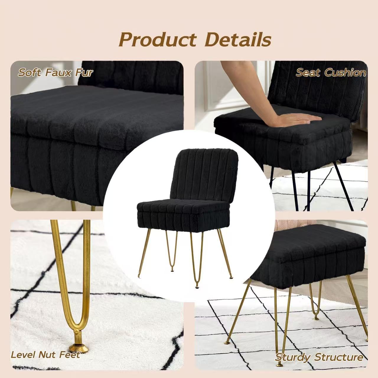 Manyday Vanity Chair with Storage, Comfy Ottoman with Folding Back, Faux Fur Vanity Stool with 4 Metal Legs for Make Up, Furry Padded Seat with Anti-Slip Feet for Bedroom Dressing Room, Black