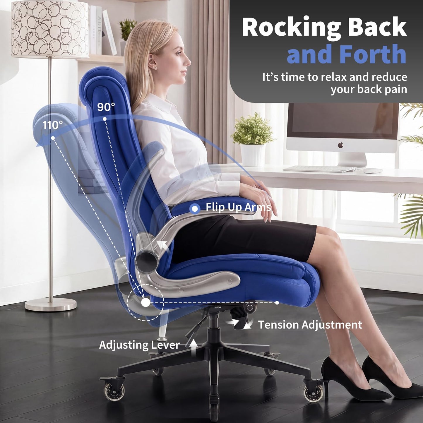 Fabric High Back Office Chair with Lockable Quiet Casters, Thick Padded Ergonomic Computer Chair- Adjustable Lumbar Support & Flip-Up Arms, Wide Executive Desk Chair for Back Pain, 400LBS Capacity