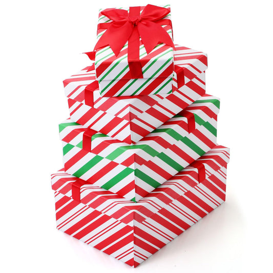 Zhanmai 4 Pcs Christmas Nesting Gift Boxes Christmas Hard Stackable Boxes with Lids Decorative Xmas Nested Present Boxes for Birthday Party Gift Supplies (Red, White, Green, Striped)
