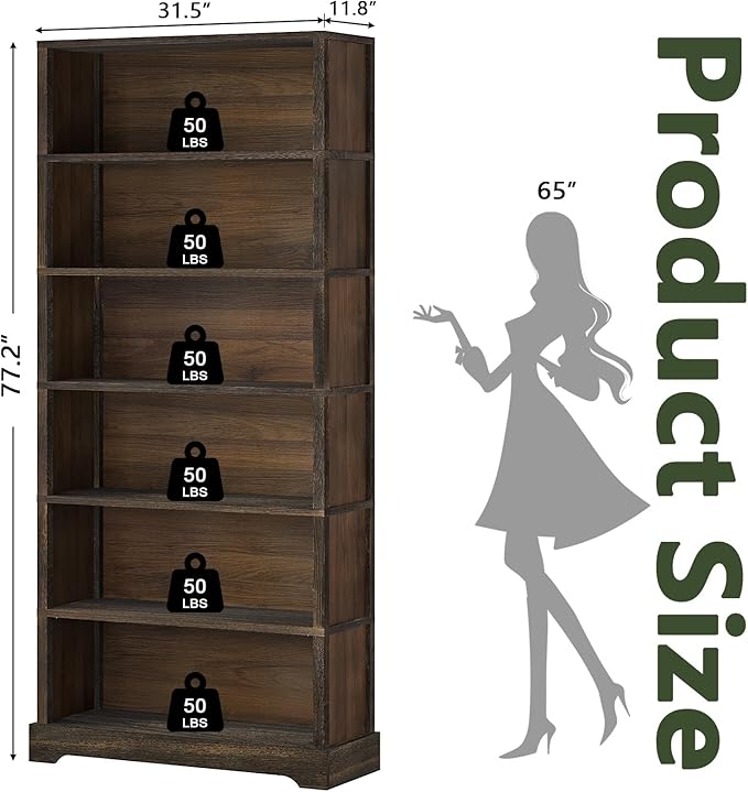 TVU 6-Tier Wooden Book Shelf, Floor-Standing Display Bookcase, 77.2" H x 31.5"