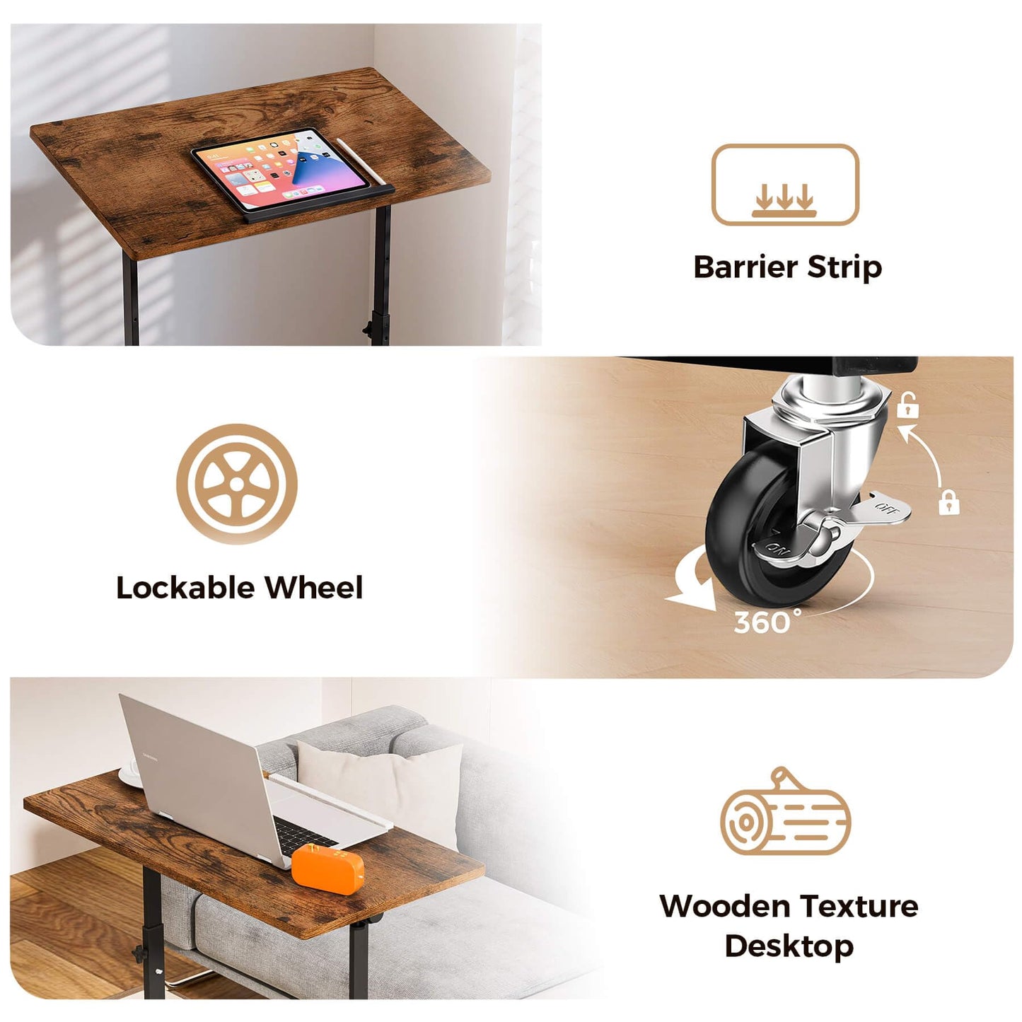 COMHOMA Small Standing Desk Adjustable Height & Tiltable Tabletop, Mobile Stand Up Desk for Laptop, Portable Computer Table for Home Office Work and Walking Pad Treadmill, Height 30.7"-46.4", Brown