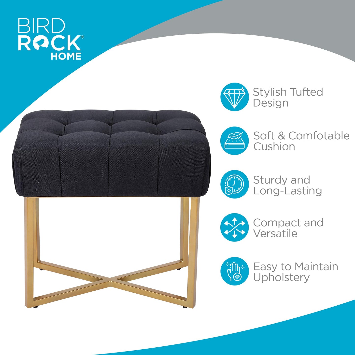 BIRDROCK HOME Rectangle Tufted Linen Ottoman Foot Rest - 19.7x11.82x17.73” Small Foot Stool with Legs - Padded Footrest Modern Ottomans for Living Room Furniture, Bedroom Footstool (Black)