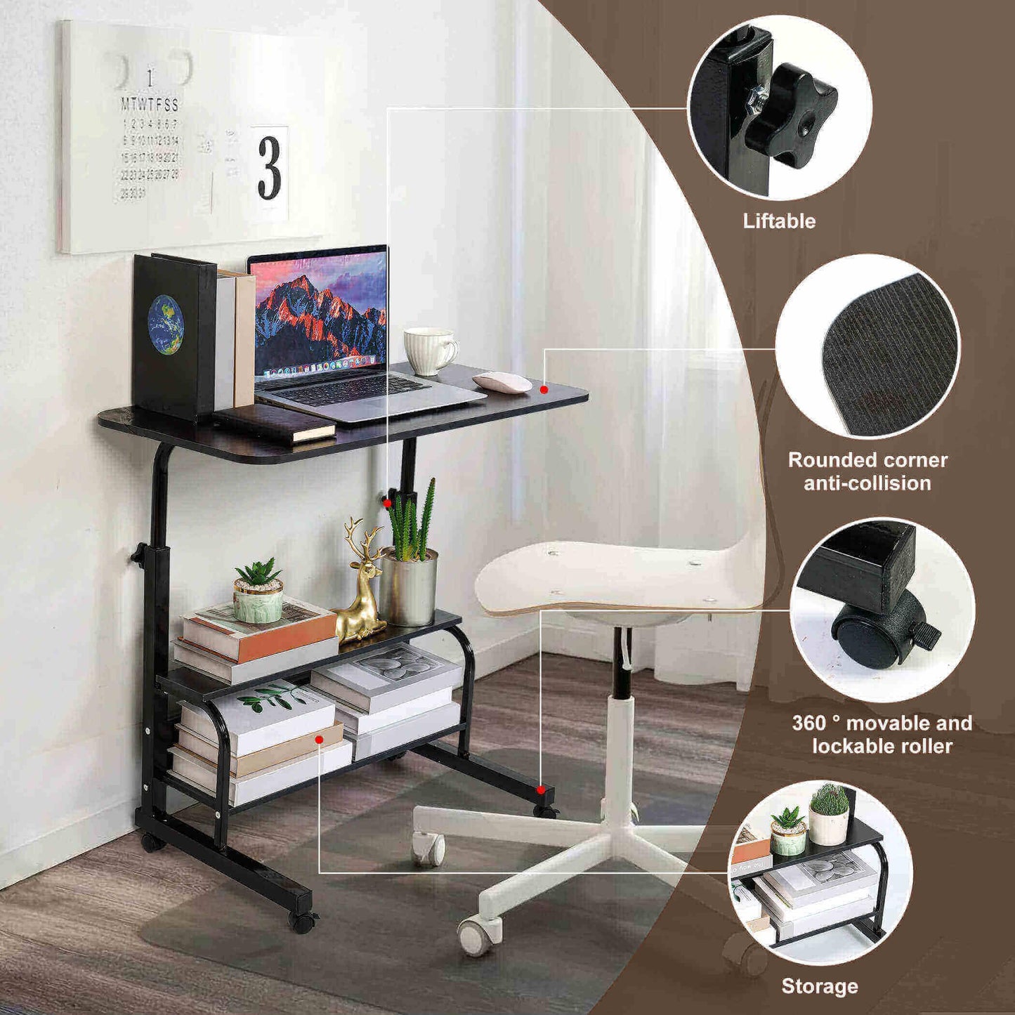 Adjustable Height Mobile Computer Desk for Small Space Rolling Table with Wheels Desk Home Office Study Desk Portable for Bedrooms Work Size 31.5x15.7 Inch Black with Storage Gaming Table B
