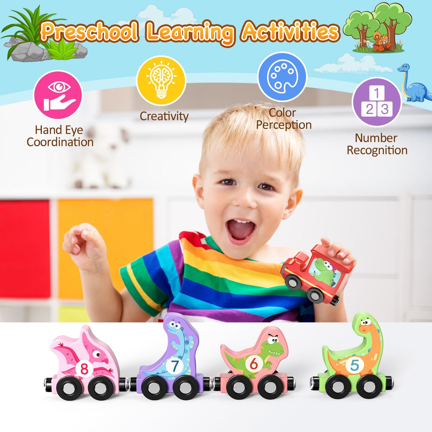 Zeoddler Toys for Toddlers, 11 Magnetic Wooden Dinosaur Train Set, Montessori Toys for Toddlers, Preschool Educational Material for Kids, Birthday Gifts for Boys, Girls