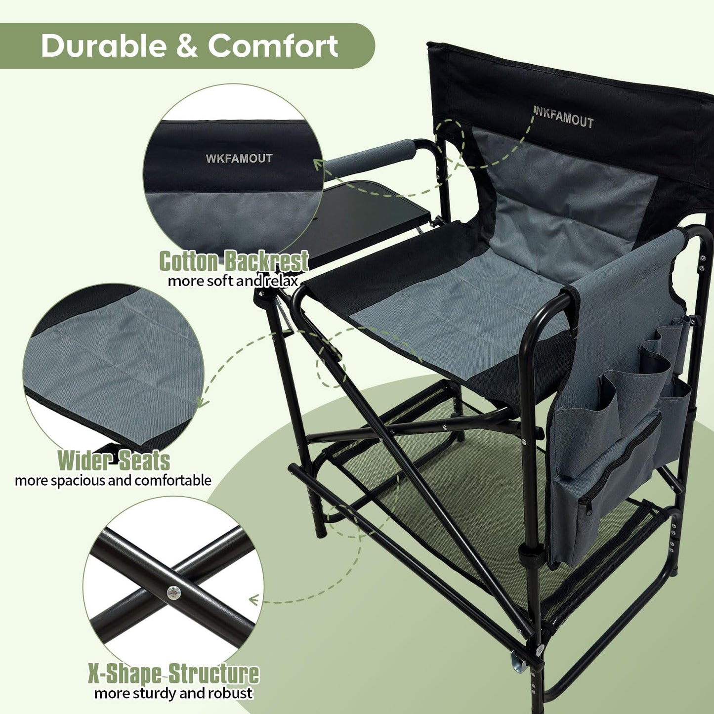 WKFAMOUT 27" Tall Camping Director Chair Oversized with Side Table, Heavy Duty Folding Lawn Chair Outdoor for Makeup Artist, Sports Event, Supports 330LBS