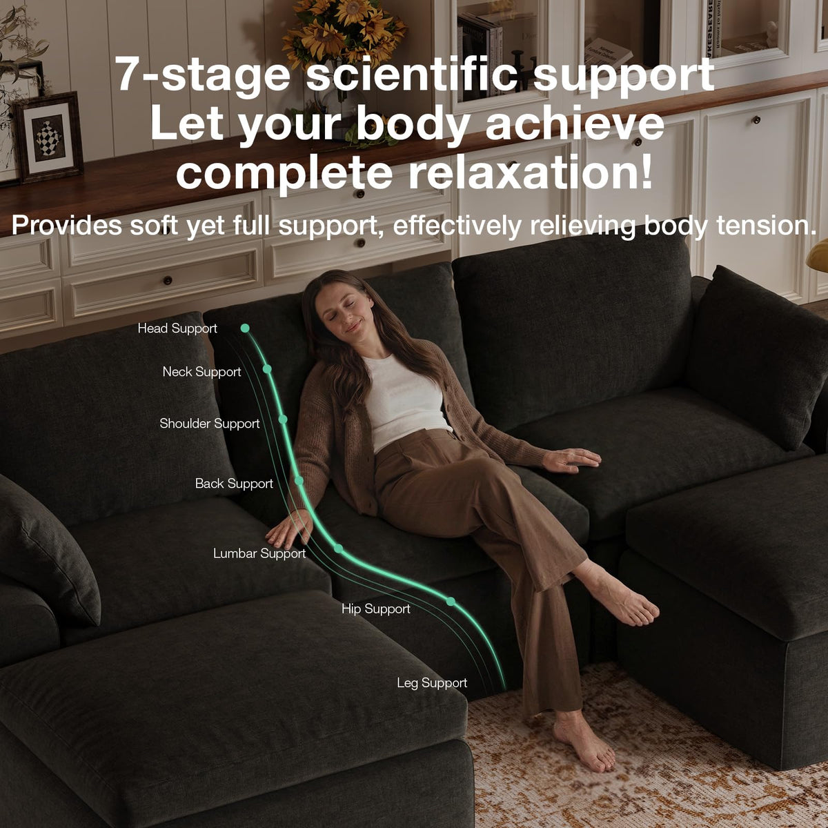 Novilla 104.3" Modular Cloud Couch, Modern Sectional Sofa with Smarts Coil® Support, Chenille Fabric, Upholstered Couch for Living Room Apartments Bedroom, No Assembly, 3 Seater + 1 Ottoman, Dark Grey
