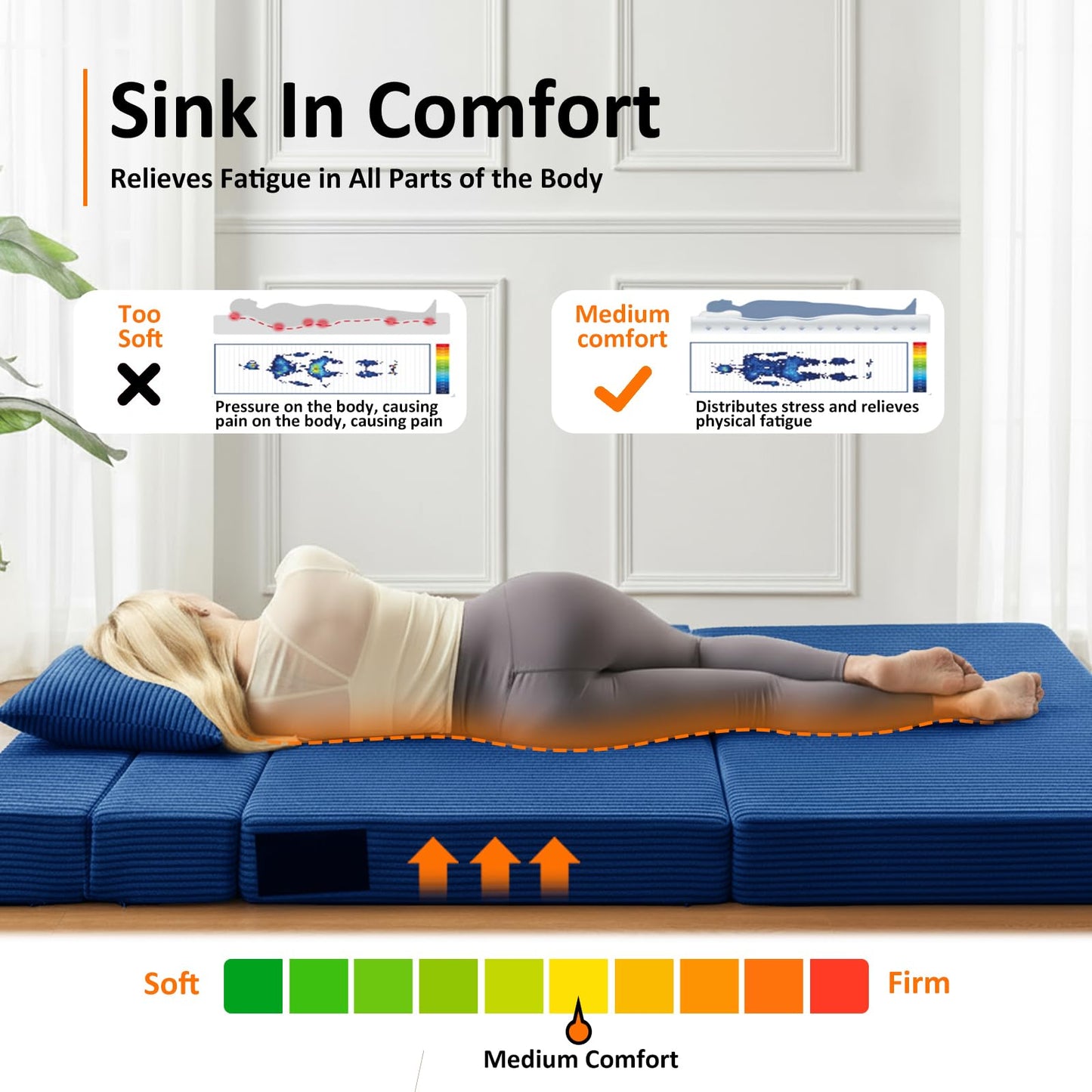 JKMAX Single Size Folding Sofa Bed - 4 in 1 Convertible Sleeper Chair - High Density Memory Foam Futon Couch - Foldable Bed for Living Room Bedroom (Blue)