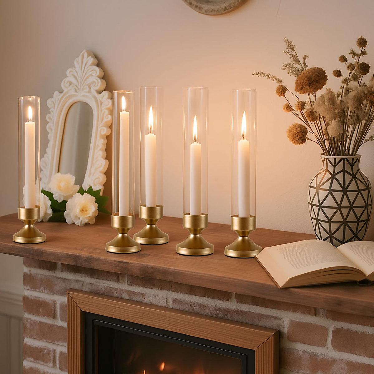 Hurricane Glass Candle Holders, Set of 6 Metal Taper Candlesrick Holders for Centerpieces Tall Gold Candle Stands Bulk with Glass Cylinder for Wedding Birthday Party Table Decor