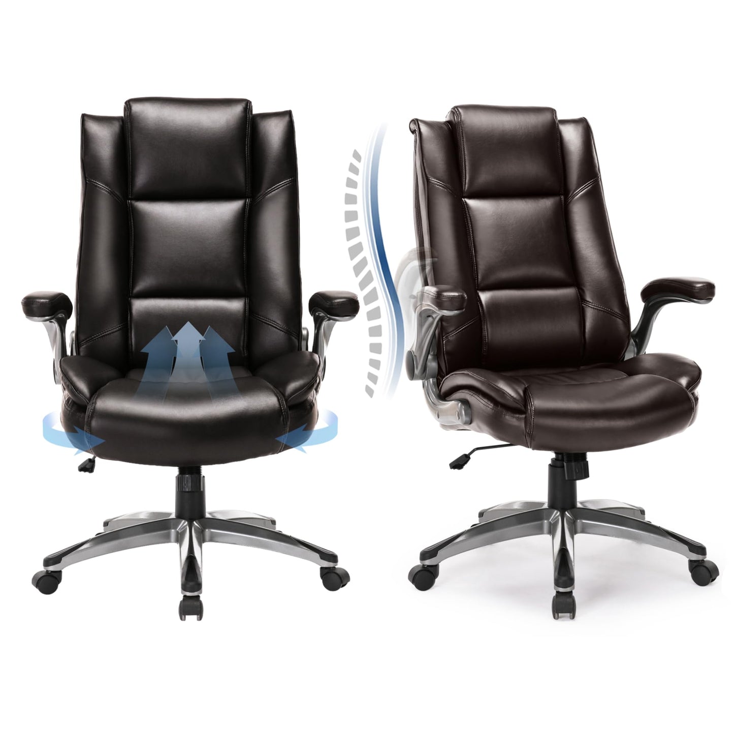 COLAMY Leather Executive Office Chair Set of 2 - High Back Ergonomic Home Computer Desk Chair with Padded Flip-up Arms, Adjustable Tilt Lock, Swivel Rolling Chair for Adult Working Study, Brown