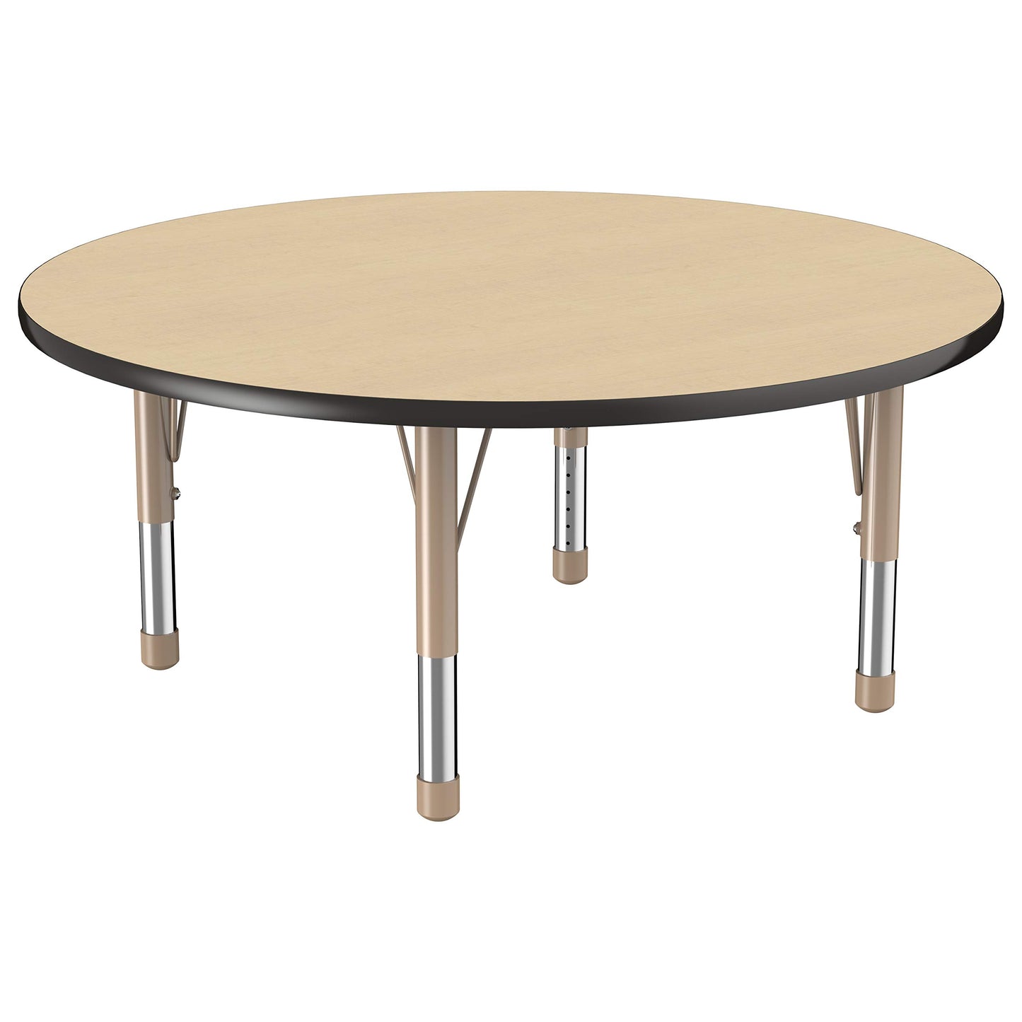 FDP Round Activity School and Classroom Kids Table (48 inch), Chunky Toddler Legs, Adjustable Height 15-24 inches - Maple Top and Black Edge with Sand Legs
