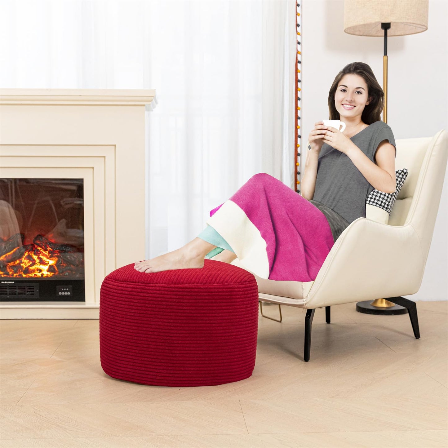 Round Pouf Ottoman 20 x 20 x 14 Inches Boho Poof Home Decor Floor Pouffe Ottoman Foot Rest for Couch Sofa Bean Bag Chairs Living Room Bedroom (Burgundy)