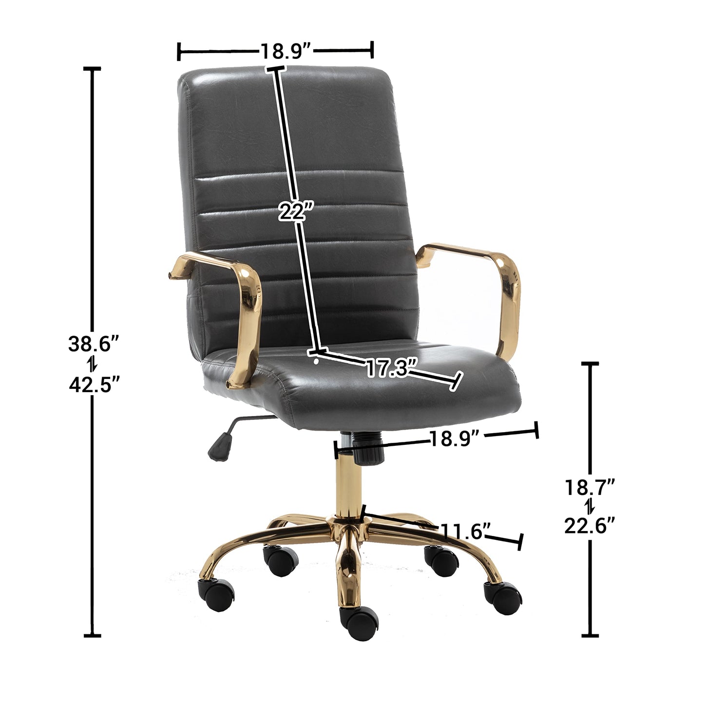 BTEXPERT Gray Faux Leather Adjustable Home Office Golden Arms Exectuive Chair High Back Manager Desk Armchair Tilt Lumbar Support, Grey (5162GY)