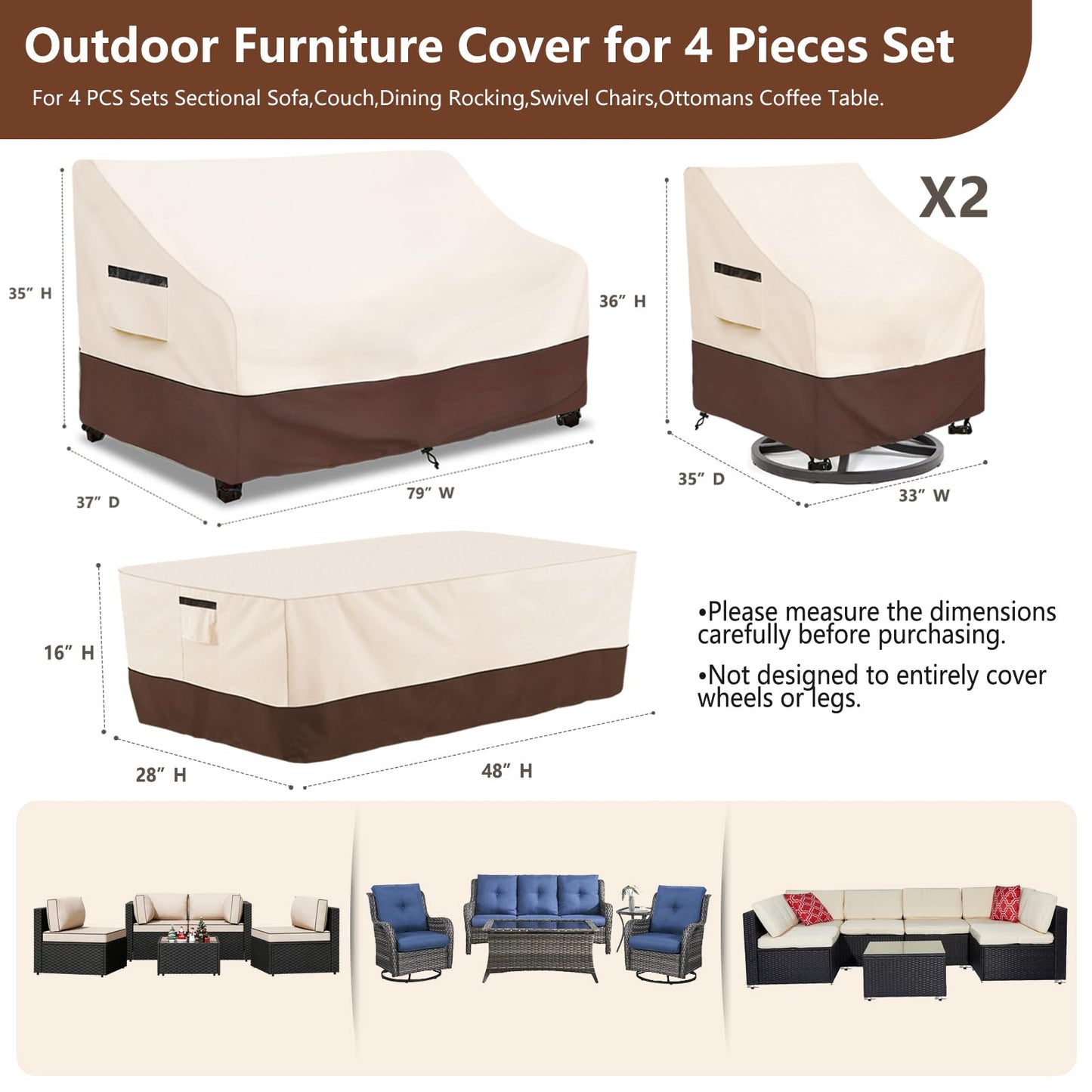Exokugo Outdoor Furniture Covers Set,4-Piece 600D Heavy Duty Waterproof Patio Furniture Cover for Outdoor Swivel Rocker Chairs,Loveseat and Coffee Table,Beige & Brown
