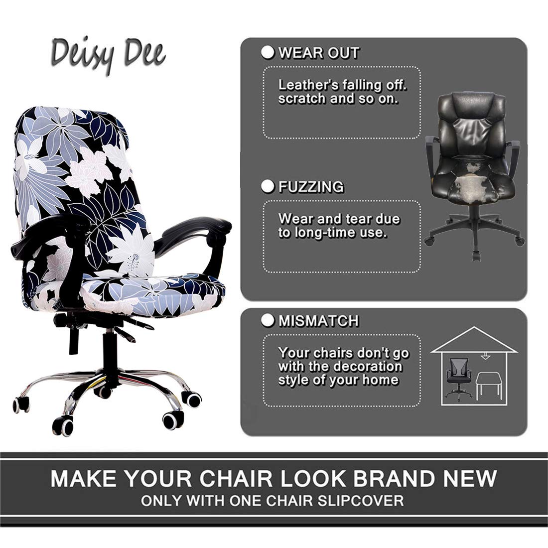 Deisy Dee Computer Office Chair Covers for Stretch Universal Rotating Chair Desk Chairs ONLY Chair Covers (White Flower, Medium)