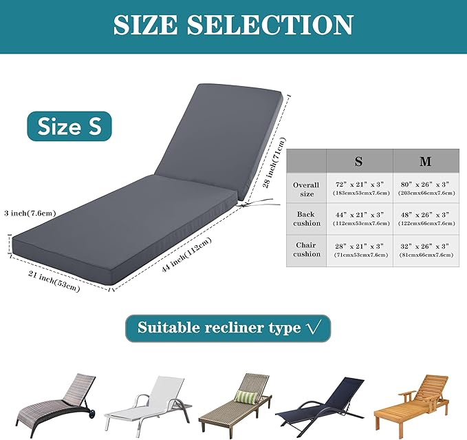 Chaise Lounge Cushion for Outdoor Furniture, Waterproof Fade and Tear Resistant