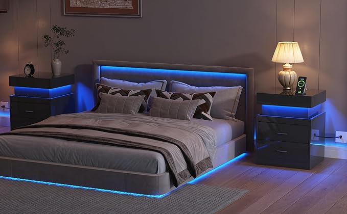 ChooChoo LED Nightstand Set of 2, Smart Night Standwith Charging Station and
