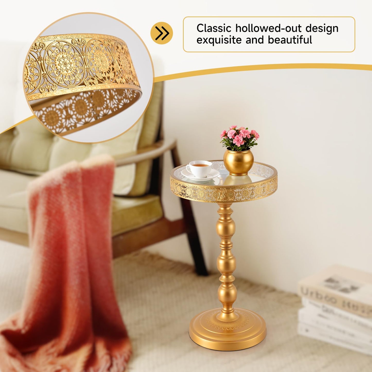 taotanra-Gold Round End Table with Glass Top, Hollow-Carved Metal Frame Small Pedestal Side Table, Modern Accent Coffee Table for Living Room Bedroom Entryway Home Decor