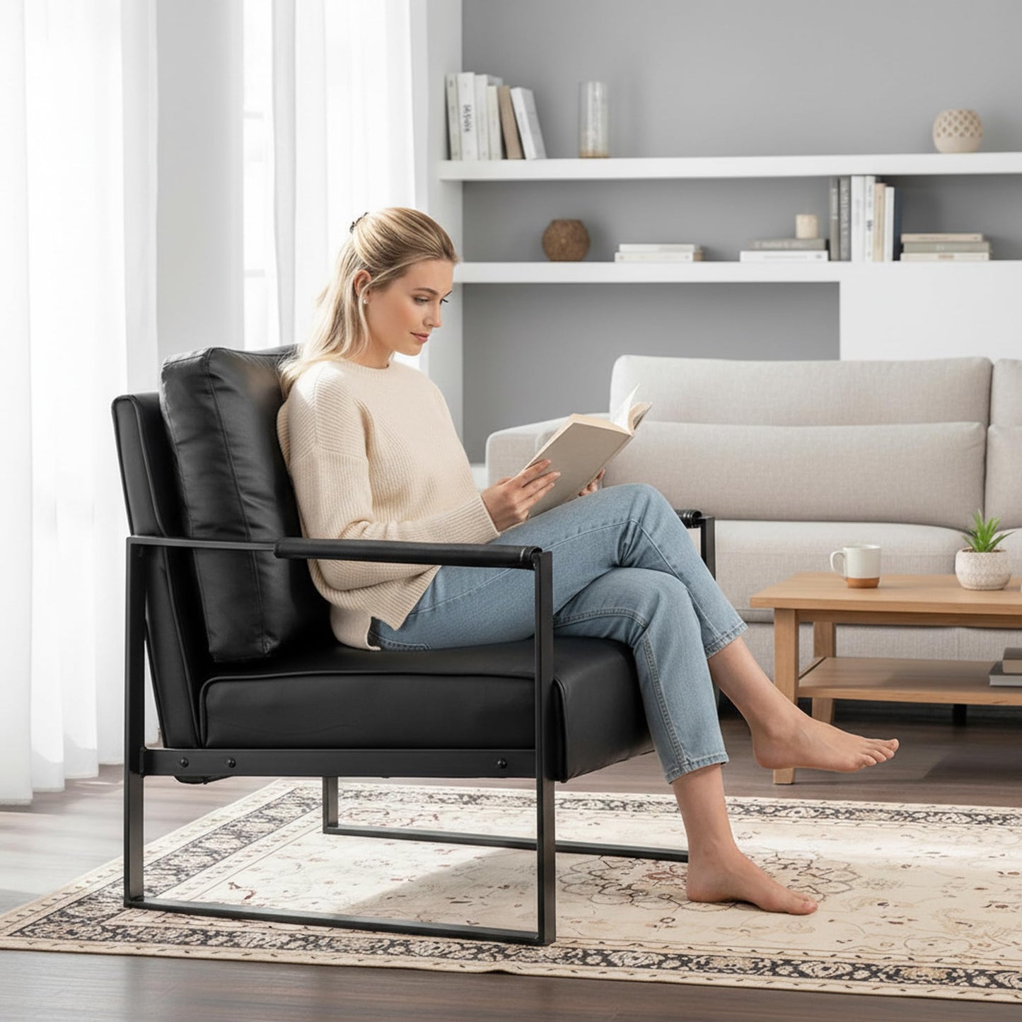 Container Furniture Classic Mid Century Modern Accent Chair with Durable Square Metal Frame, Armchair for Living Room, Bedroom, Home Office in Spotted Microfiber Upholstery, Black -PU Leather