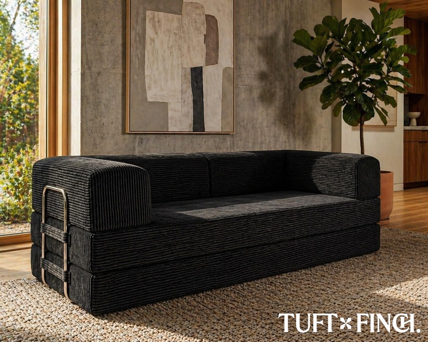 TUFT & FINCH Black Boneless Couch Sofa Bed - 82" Modular Corduroy Convertible Sleeper Sofa for Living Room – 3 Seater Folding Couch Bed, Pet-Friendly Removable Washable Covers, CertiPUR-US Foam