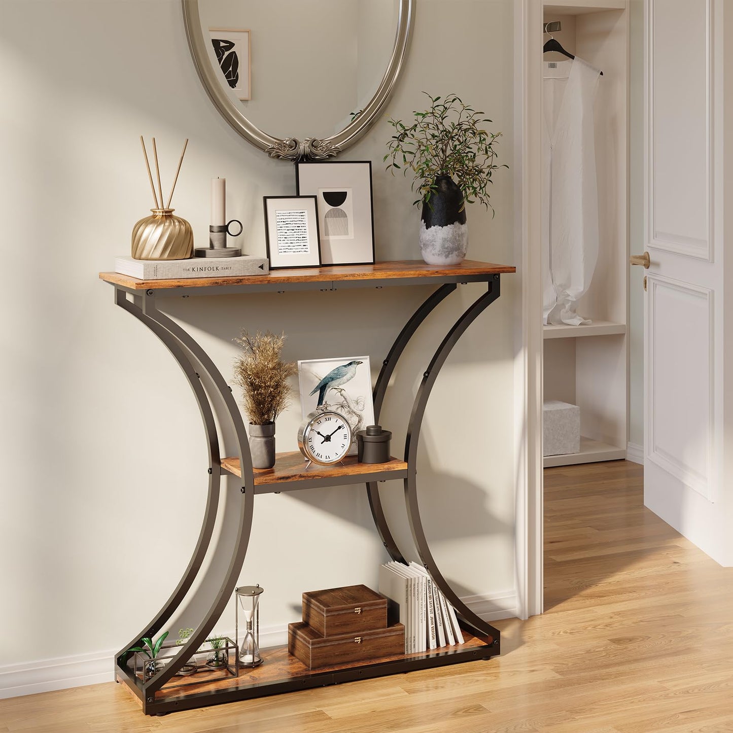 HavenlyYouth Narrow Console Table for Entryway, Industrial 3-Tier Sofa Table Behind Couch, 29.5" Height TV Stand with Storage Shelves for Living Room, Hallway, Entrance, Foyer, Rustic Brown