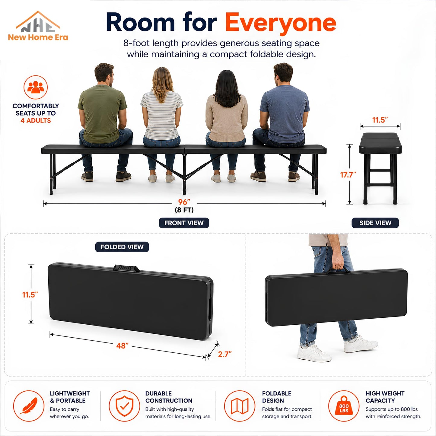 New Home Era Plastic Folding Bench - Portable Bench Used for Indoor, Outdoor, Picnic, Party, Camping, Dining Seat, Garden Soccer Multipurpose Entertaining Activities, White (1, Black, 8 Feet)
