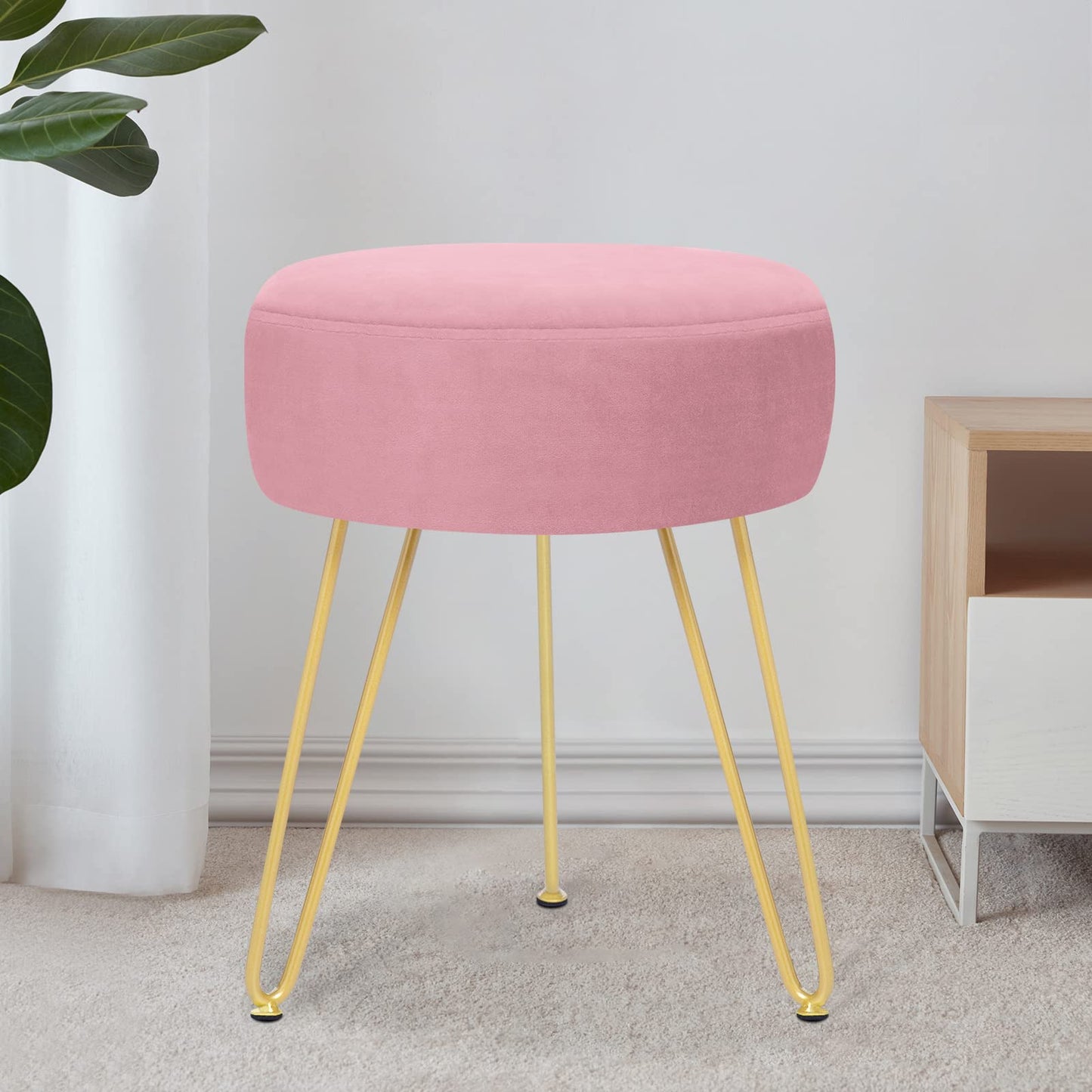YOONIC Velvet Soft Modern Vanity Stool -Round Footrest Stool Ottoman Side Table Seat Dressing with Golden Metal Leg and Sponge Filling,Upholstered Foot Rest, for Living Room and Bedroom Pink
