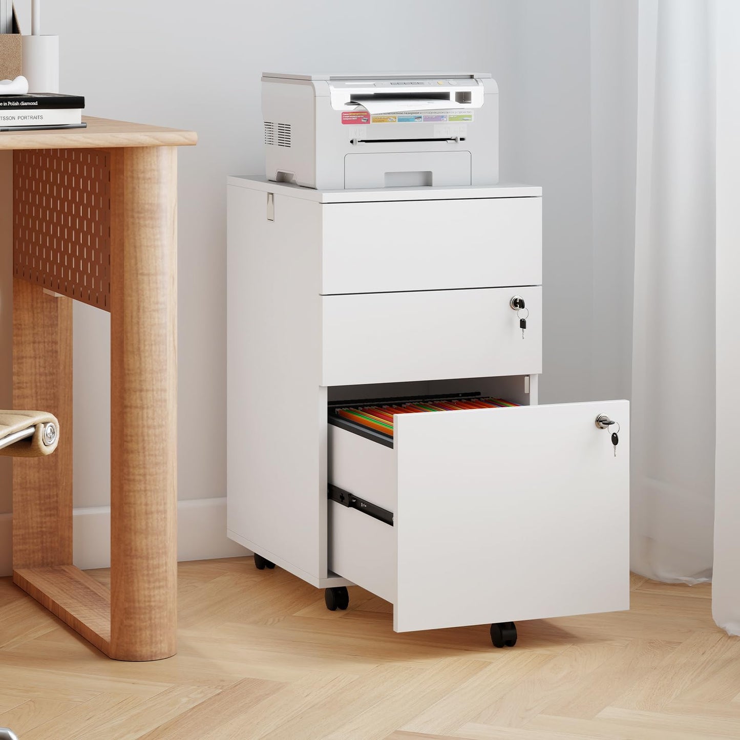 Giantex 3-Drawer File Cabinet with Lock, 27-Inches Storage Cabinet with 2 Side Hooks, Mobile Printer Stand, Wheels, 4 Keys, Vertical Filing Organizer fits Letter/A4 Size for Home Office (White)