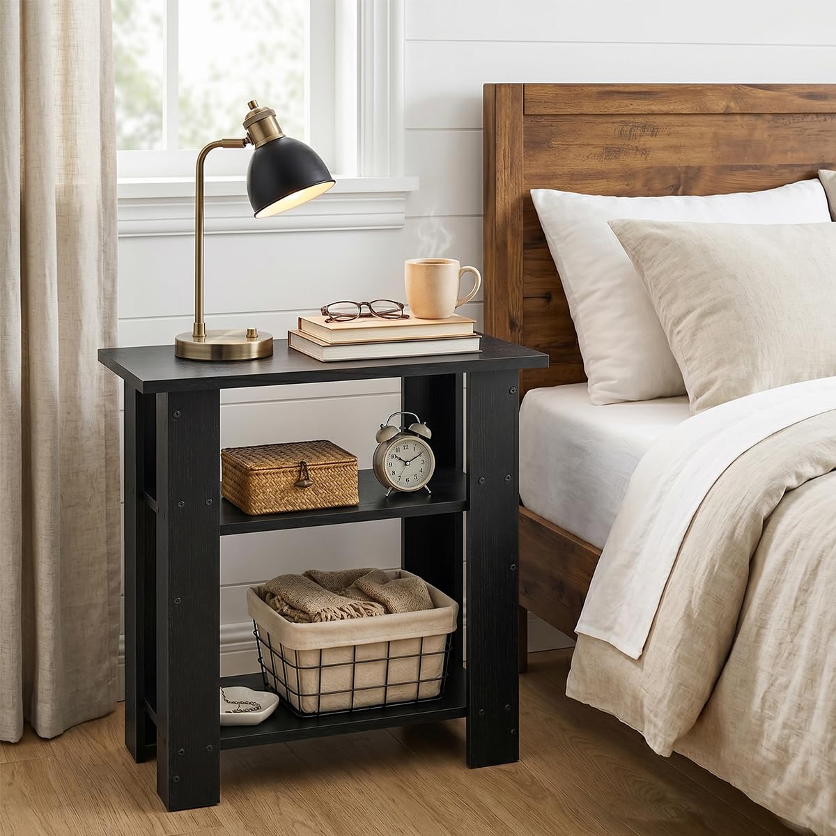 ZEXVIDA Black Side Table, 3 Tier Narrow End Table for Living Room, Modern Wood Nightstand with Storage Shelves, Small Bedside Table for Bedroom, Home Office, Small Spaces, 22.8 Inch High