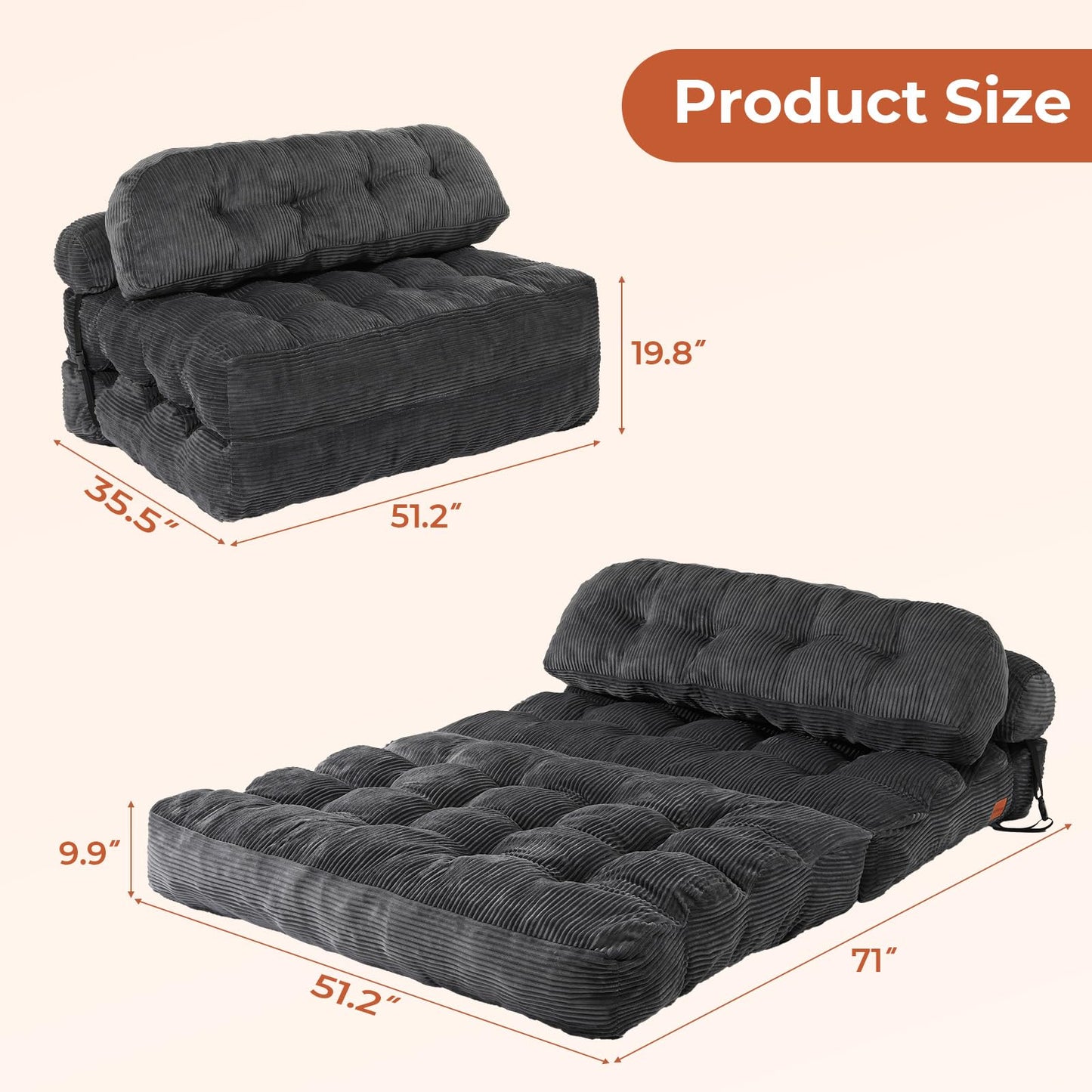 Vellorise Folding Sofa Bed, Convertible Sleeper Chair with Back Support and Pillow Futon, Boneless Matress, for Living Room/Guest Use/Home Office, Foldable Chair Bed for Adults, Dark Gray, Full