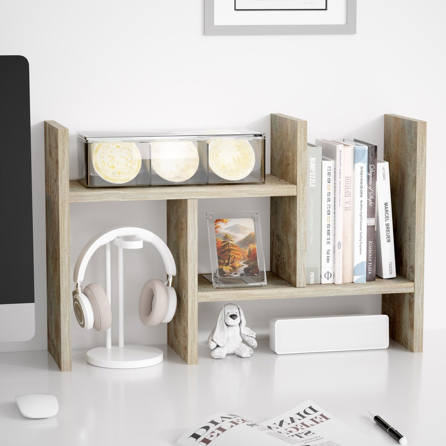 Jerry & Maggie Desktop Organizer Office Storage Rack Adjustable Wood Display Shelf Free Style Double H, Multi-Functional Mini Bookshelf for Desk Natural Stand (Gray Oak)