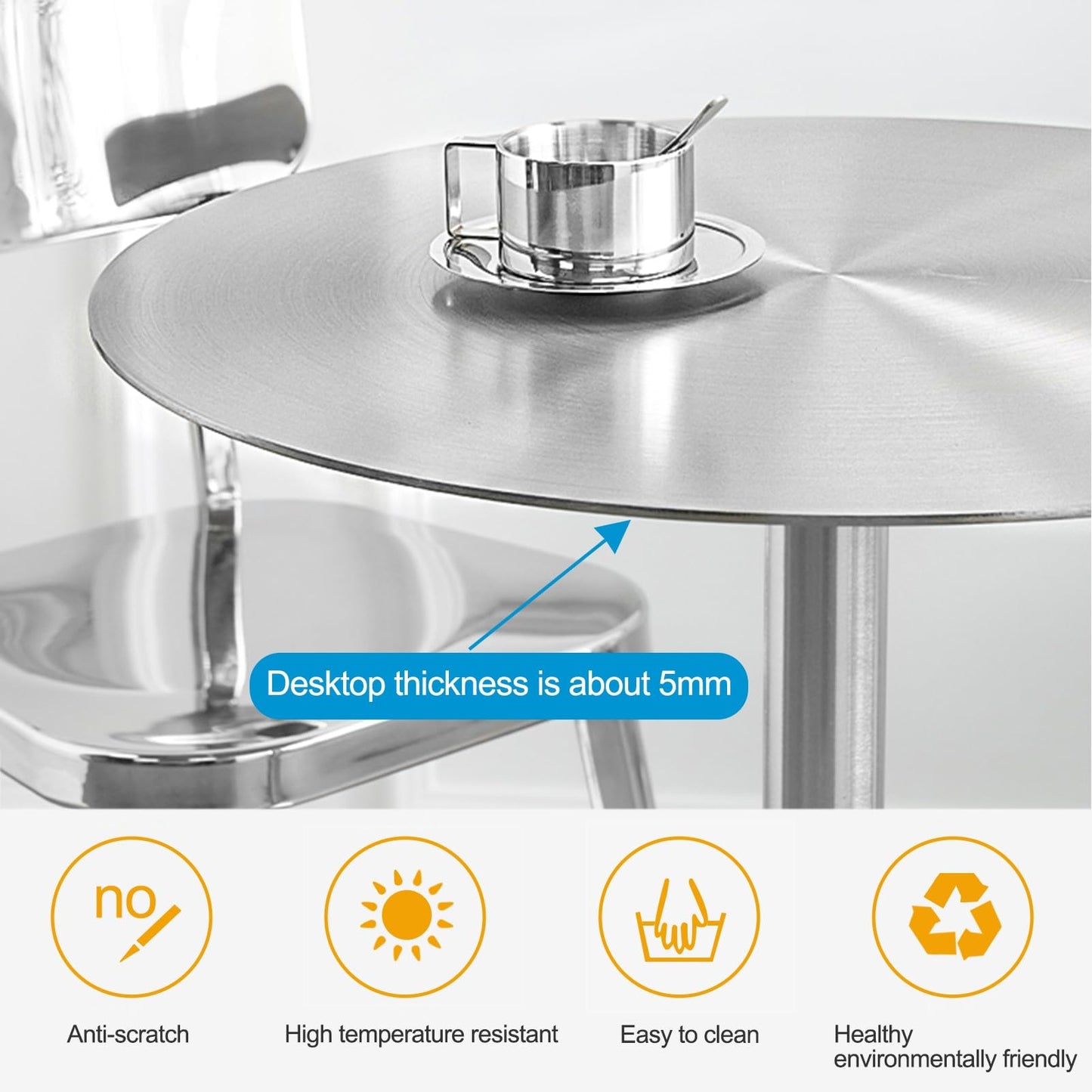 Modern Stainless Steel High Table, Sturdy Bistro Table for Restaurant & Cafe, Easy Assembly Tall Dining Table, Silver Finish, 40x40x95cm for Commercial Use