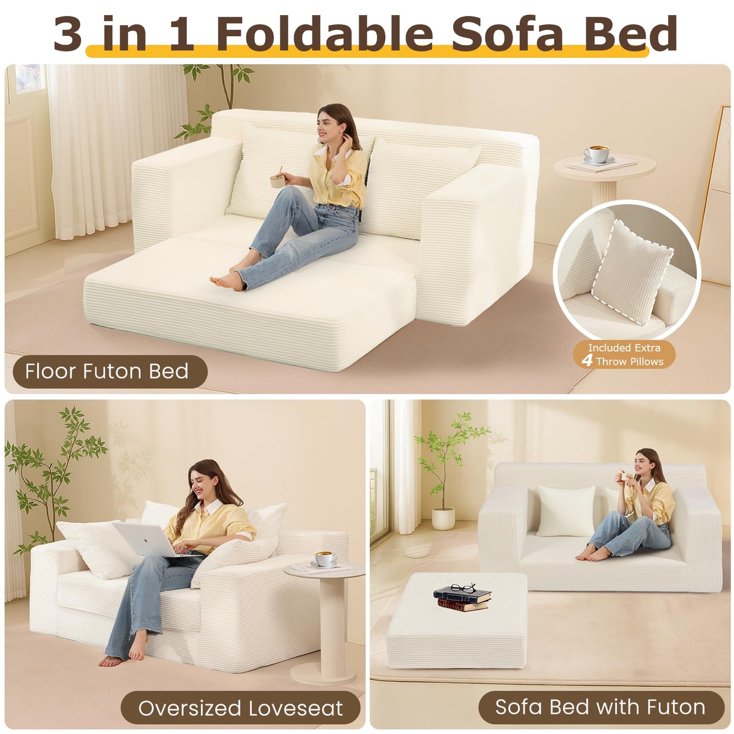 cidludto Convertible Sofa Bed, 3 in 1 Loveseat Folding Couch Bed Foldable - Chaise Lounge Chair & Floor Futon Sofa, Corduroy Pull Out Sofa Bed with 4 Pillows for Living Room, Beige