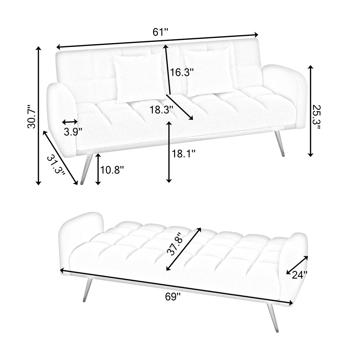 Convertible Futon Loveseat Couch Reversible Loveseat Folding Daybed Guest Bed, Tufted Teddy Fleece Upholstered Convertible Sleeper Sofa Bed with Golden Metal Legs and 2 Pillows for Living Room Office
