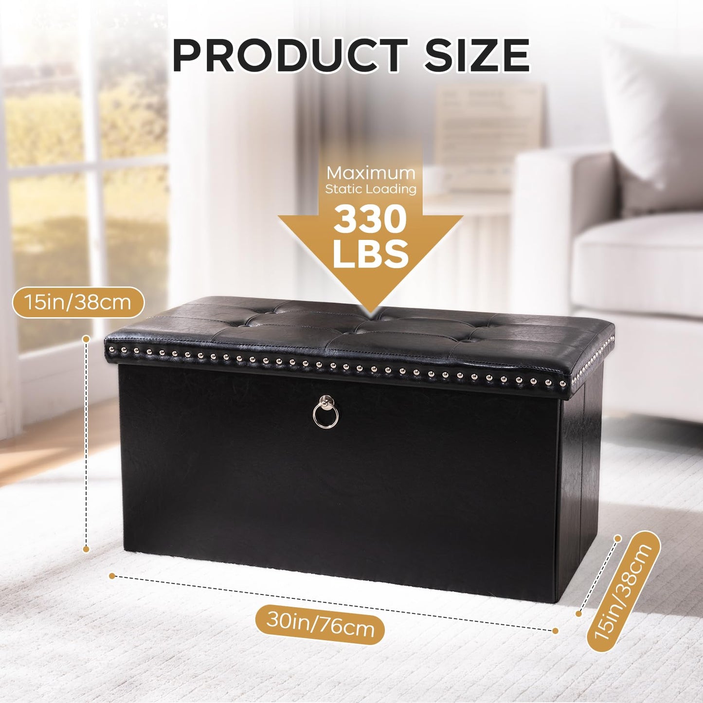 oakvivo Folding Storage Ottoman Bench 30in, Leather Foot Rest Stools Ottoman with Storage, Coffee Table, End of Bed Bench Footstool for Living Room, Bedroom, Load 330 lb, 30x15x15 inches, Black