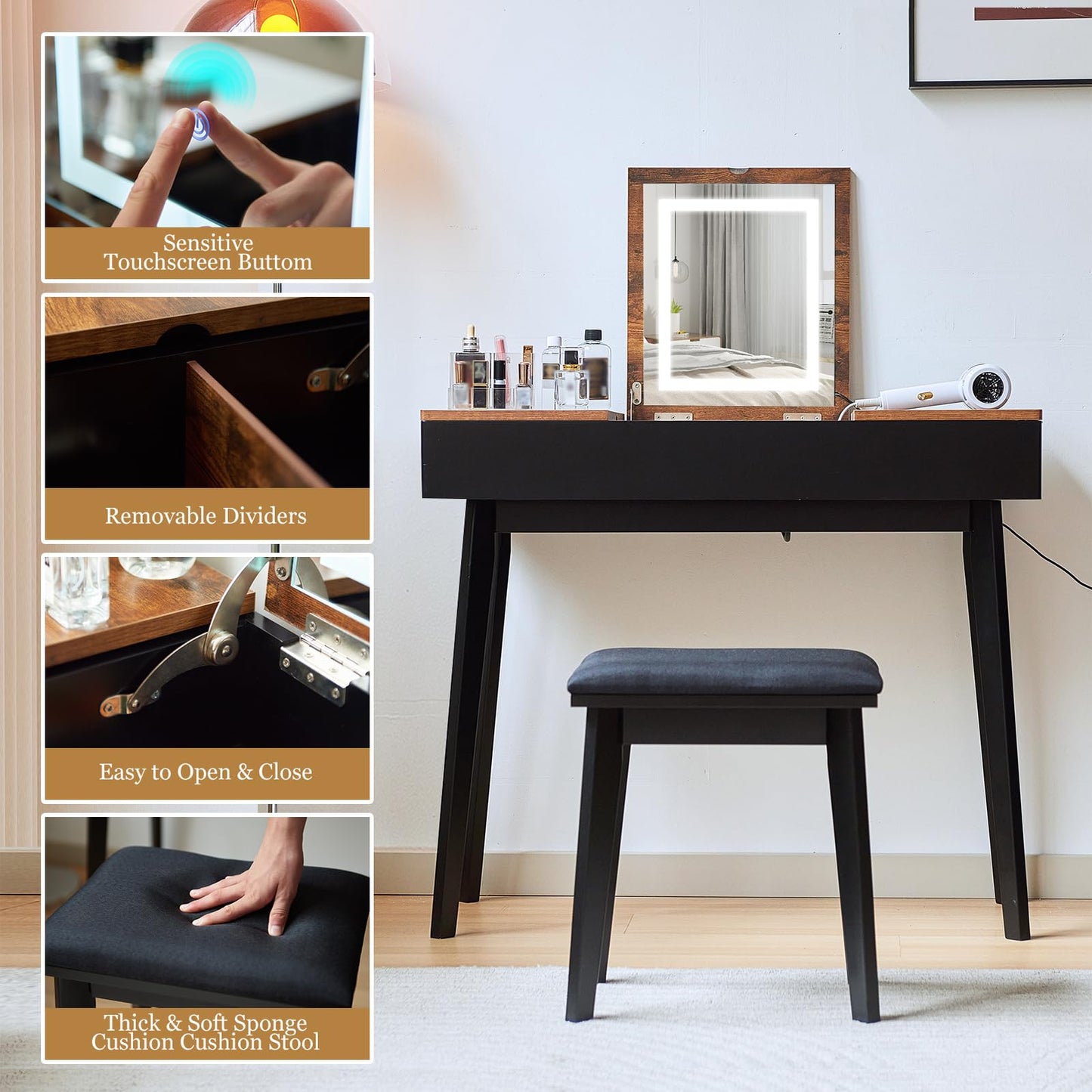 JanflyHome Vanity Desk, Flip Top Makeup Vanity Table with Power Outlet, Makeup Vanity Desk with Mirror & LED Light, Rustic Vanity Set with Cushioning Stool, Vintage Vanity for Bedroom, Black Brown