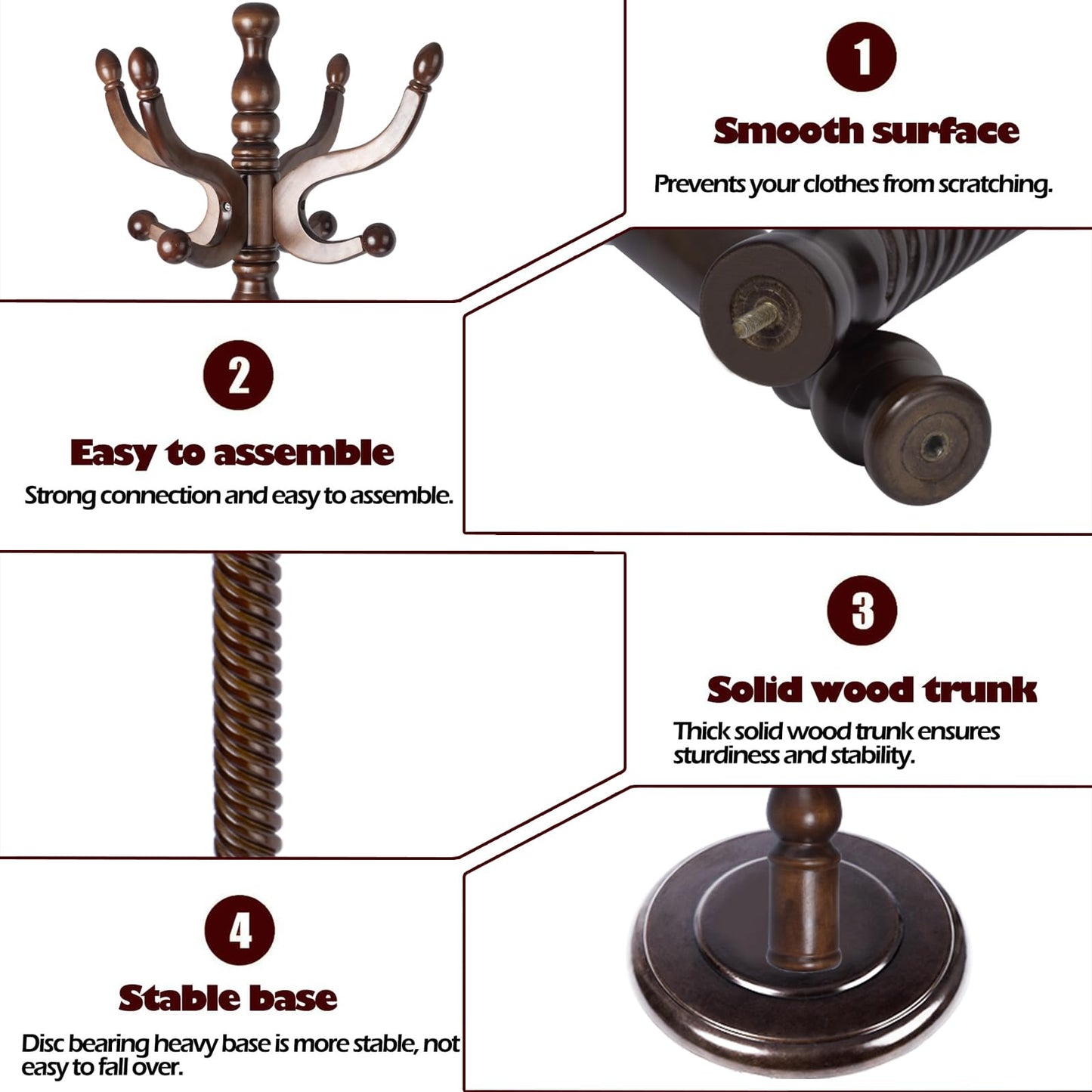 Sauqzoh Coat Racks Free Standing with 14 Hooks, Natural Wood Coat Stands for Entryway, Adjustable Height 73 in Tree Coat Rack Stand for Hallway Home Office Bedroom (Dark Brown)