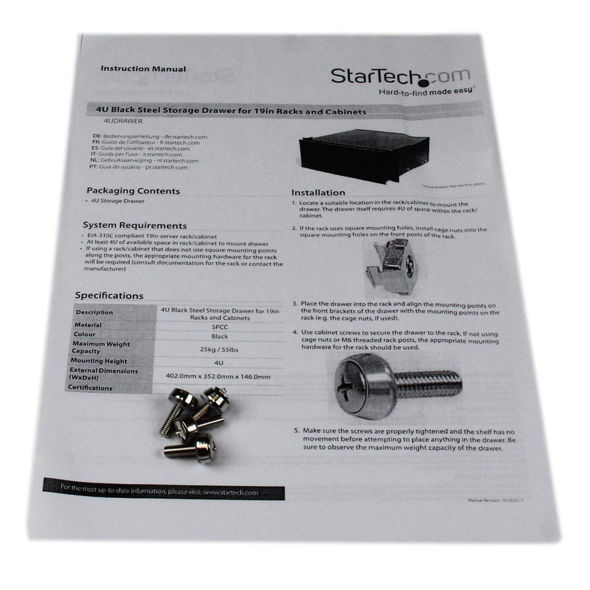 StarTech.com 4U Rack Mount Drawer - 55 lb (25 kg) - 4U Steel Storage Rack Drawer for 19" AV / Sever / Network Equipment Rack or Cabinet (4UDRAWER) Black
