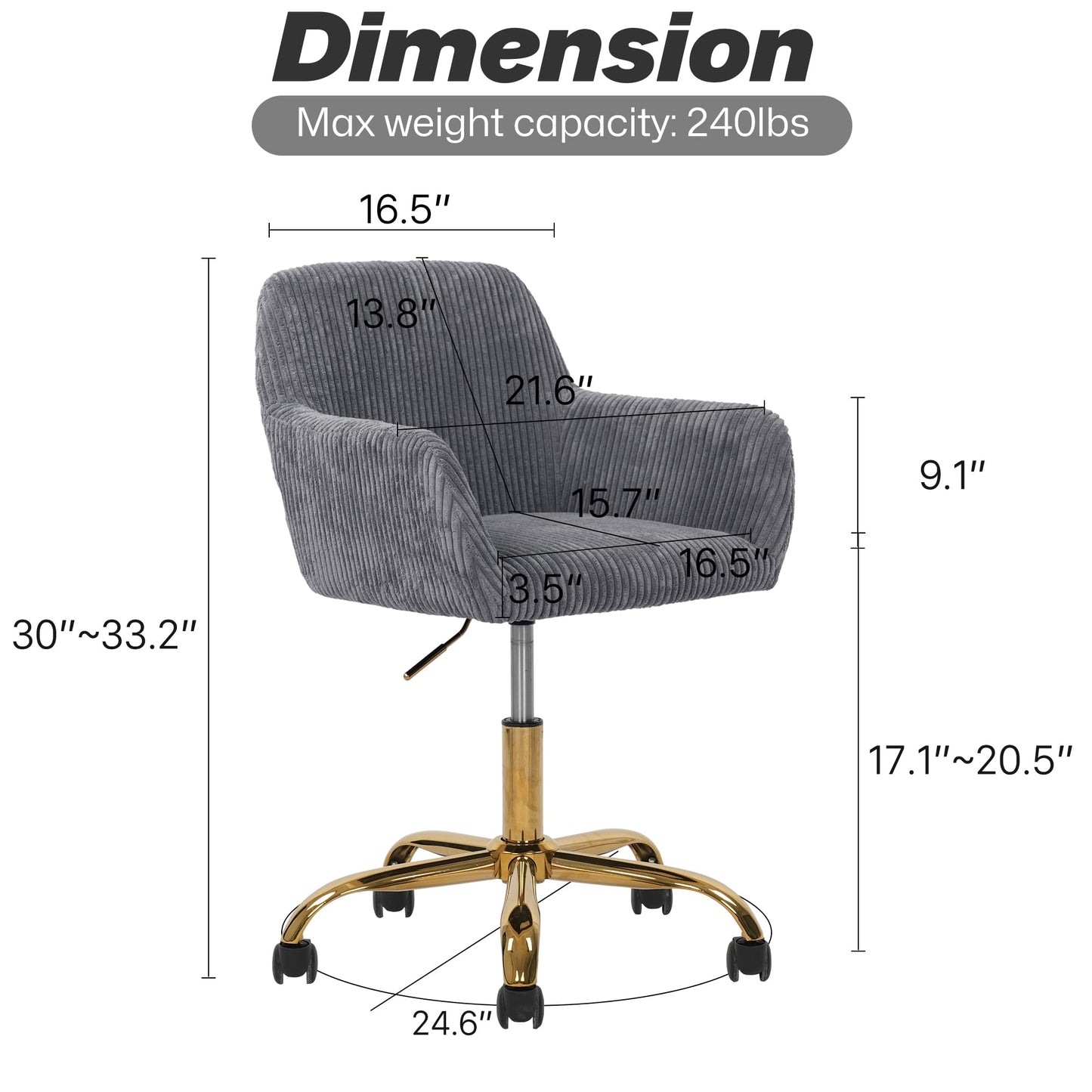 KCC Corduroy Fabric Vanity Makeup Desk Chair, Fluffy Swivel Modern Armchair with Wheels, Upholstered Fuzzy Height Adjustable for Girls Home Office, Gray