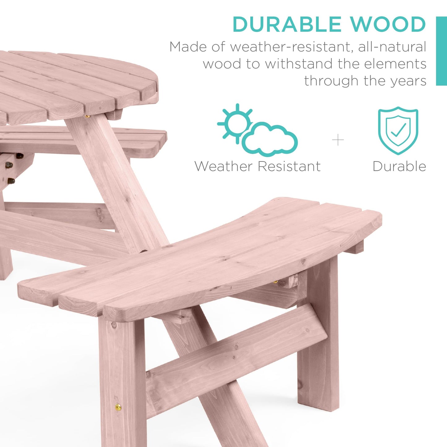 Best Choice Products 6-Person Circular Outdoor Wooden Picnic Table for Patio, Backyard, Garden, DIY w/ 3 Built-in Benches, 500lb Capacity - Rose Quartz