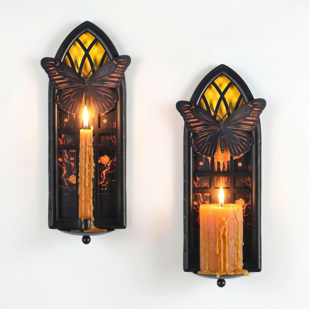 AimtoHome Gothic Wall Candle Sconces Set of 2, Butterfly and Moon Iron Wall Mounted Candelabra Holder with Removable Trays for Taper & Pillar Candles, Romantic Garden & Boho Home Decor
