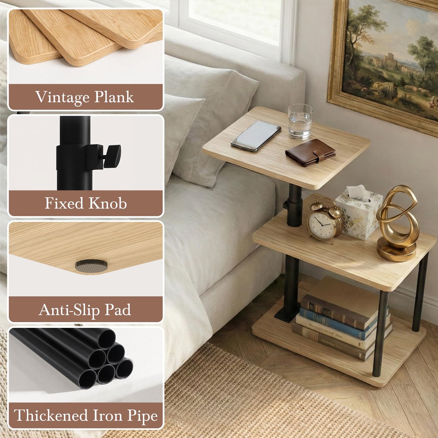 Faesun 360° Swivel Side Table for Height Adjustable, C Shaped End Table for Couch with Storage, 3-Tier Night Stand with Open Shelf, Tv Tray for Small Spaces, Living Room, Bedroom, Oak