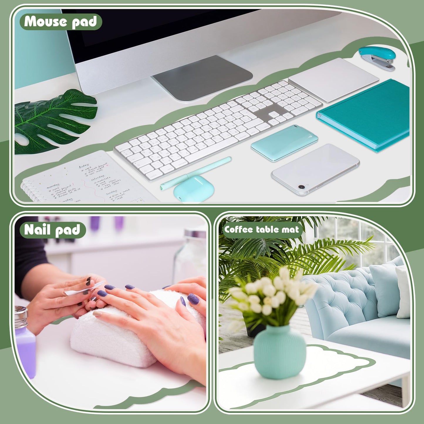 Teenyyou Makeup Mat for Vanity Protect Scalloped Makeup Mat 31.5 x 15.8'' Vanity Cover Top 2026 Graduation Gifts Dual-sided Dressing Table Pad Waterproof Mouse Pads for Dormitory Desktop(Green Edge)