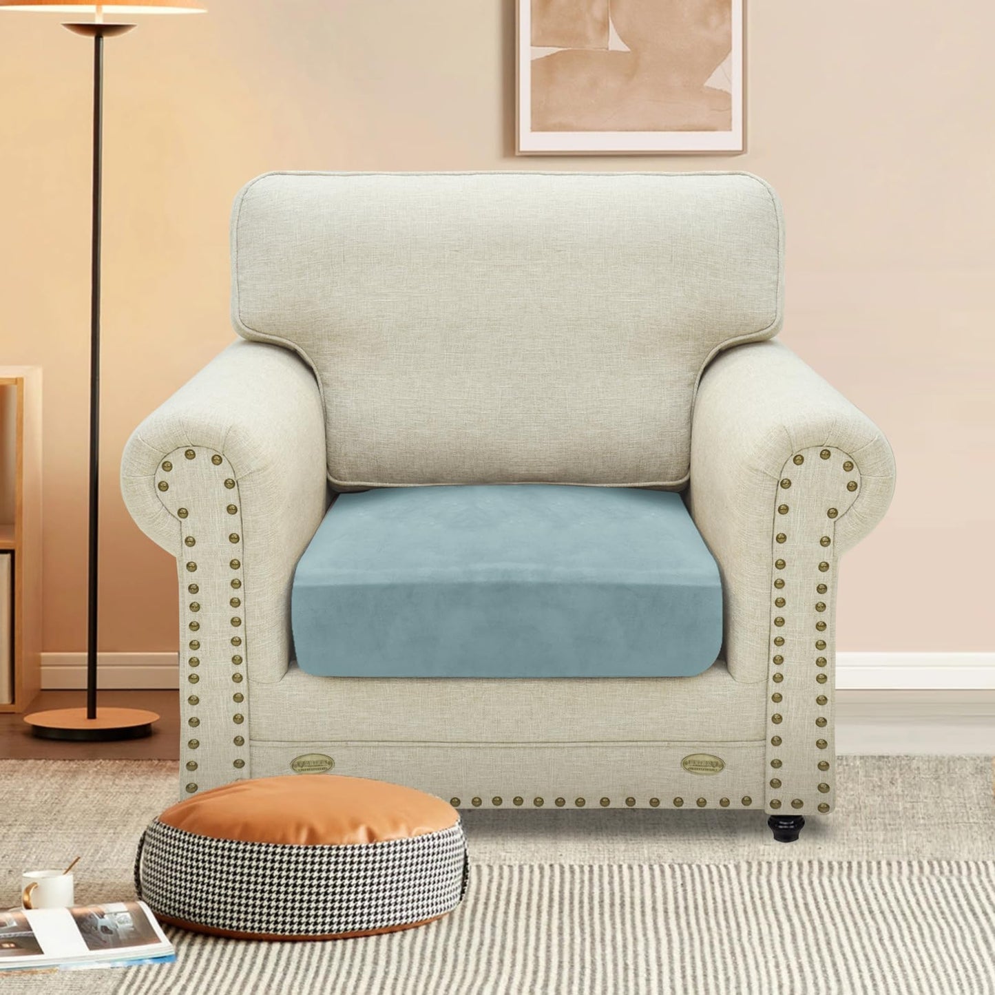 MAXIJIN Velvet Stretch Cushion Cover Fitted Couch Cushion Slipcovers 1 Pack Arm Chair Seat Cushion Cover for Individual Cushion Sofa Chair with Elastic Bottom (Chair Cushion, Dusty Blue)